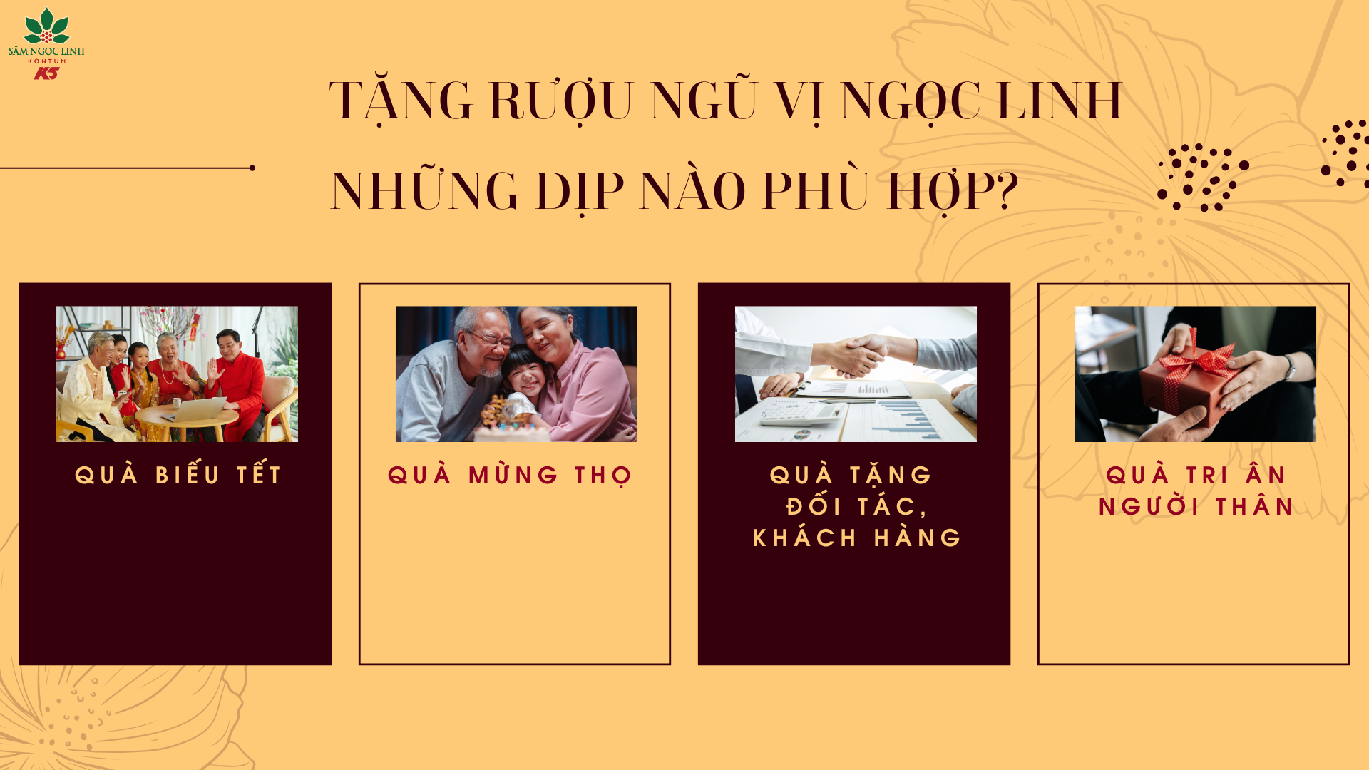 Những dịp phù hợp dùng rượu Ngũ Vị Ngọc Linh làm quà tặng.