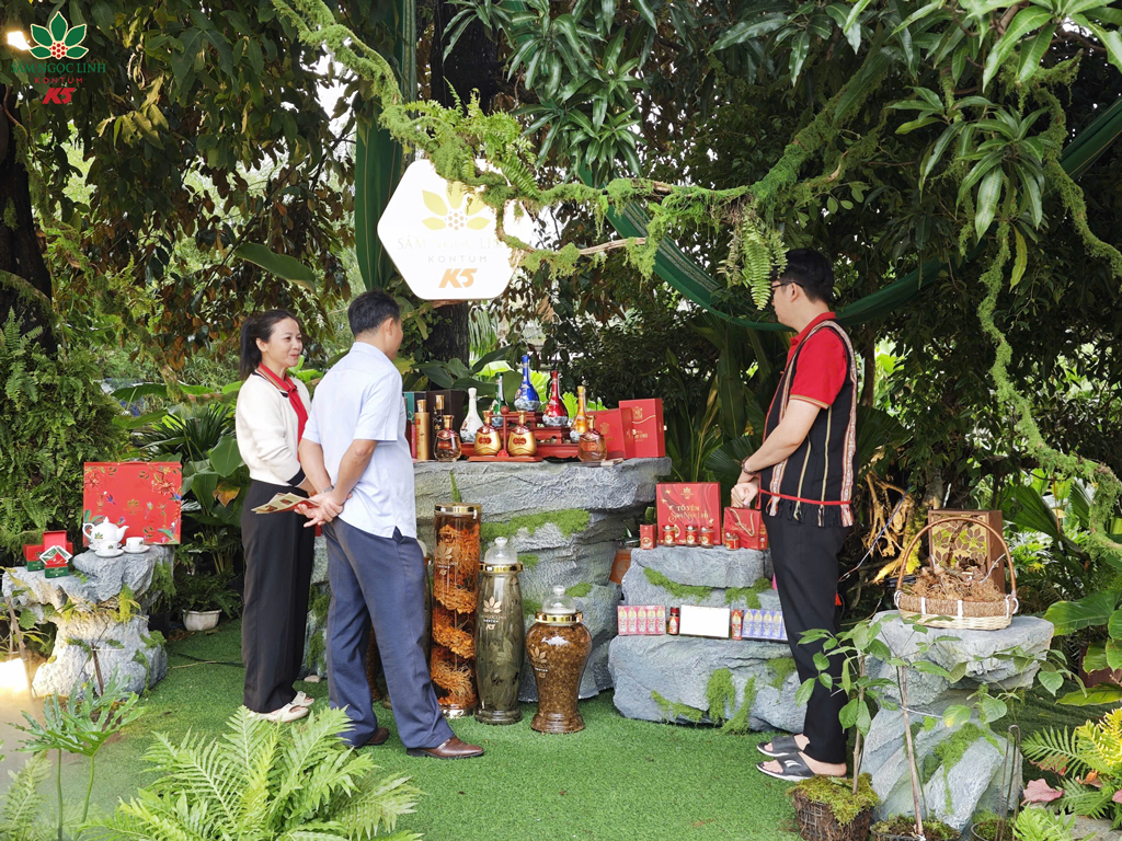   Khách tham quan ghé thăm gian hàng và tìm hiểu về các sản phẩm sâm.